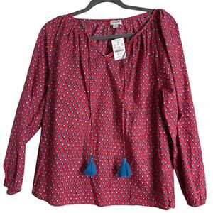 J Crew Red, Blue Floral V-Neck Peasant Blouse with Tassel Ties, Large, NWT